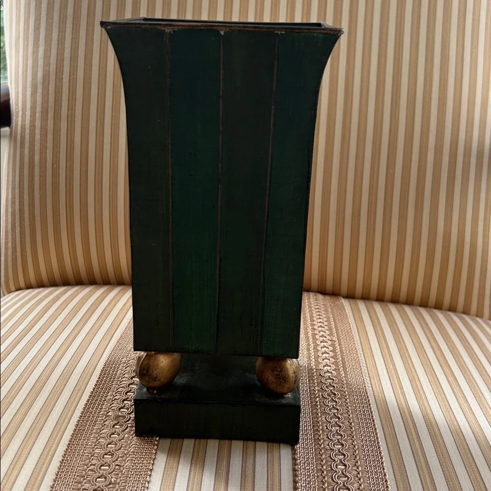 Vintage Green Floral Tin Plant Holder with Gold Accents